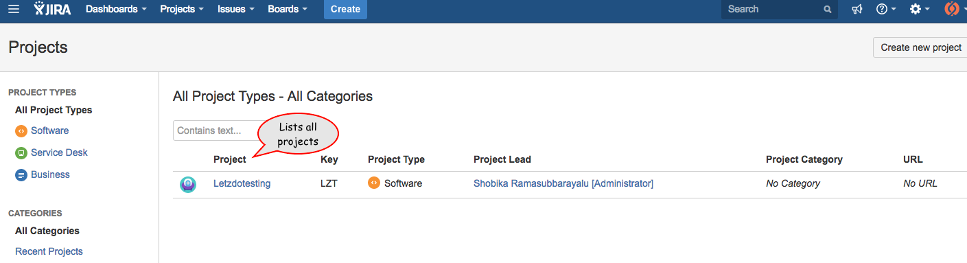 Lists project in JIRA